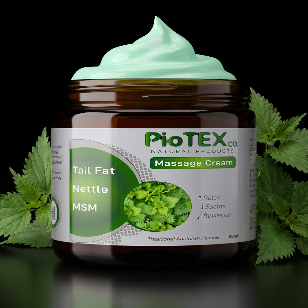 PioTEX Masaj Kremi, nane yeşili krem ve ısırgan yaprakları